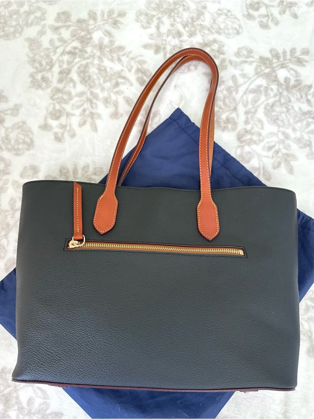 Dooney & Bourke Black Pebble Grain Leather Tote Brown Trim Large Shoulder Bag